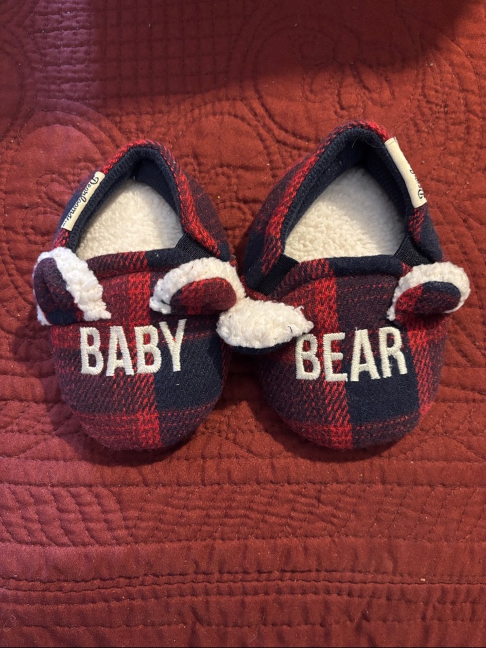 dearfoams Red and Navy Plaid Baby Bear Slip-On Crib Shoes